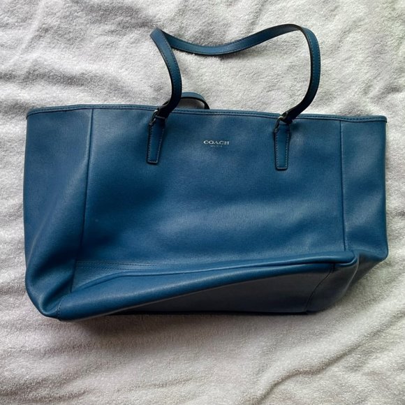 Coach Handbags - Women’s Coach Saffiano Leather Medium City Tote Silver Cobalt Blue Purse